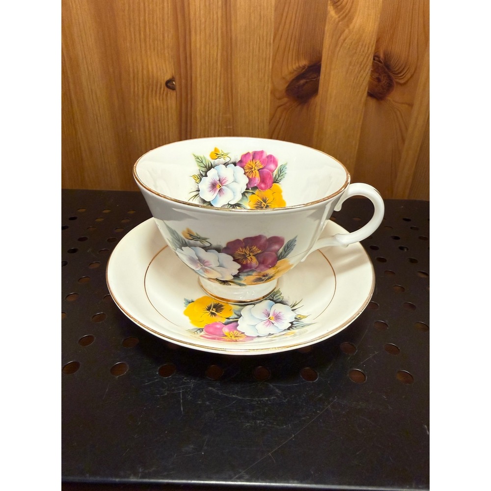 Vintage English Bone China Pansy Teacup & Saucer 22 KT Gold Floral